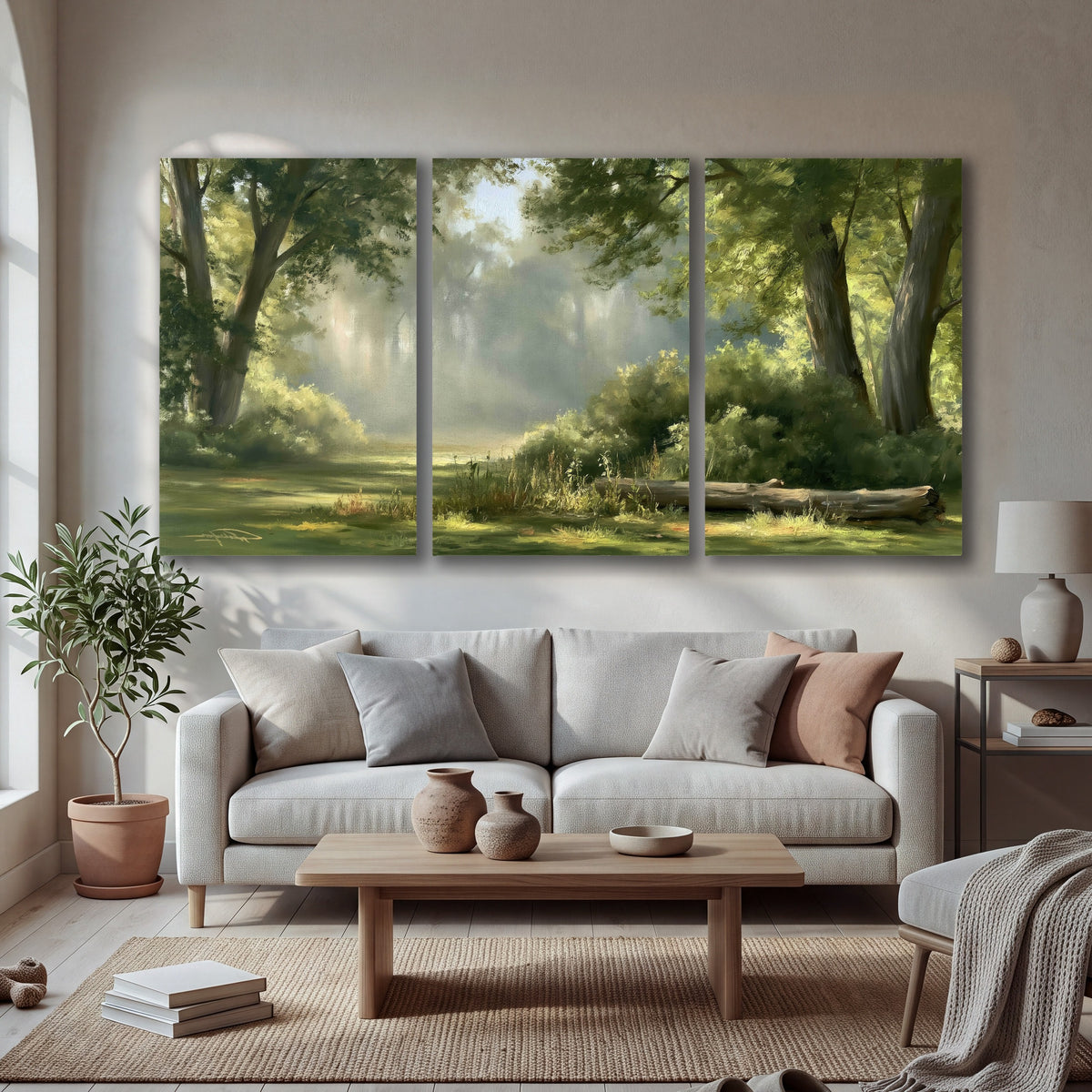Sunlit forest glade painting 3 piece canvas wall art in a bright living room