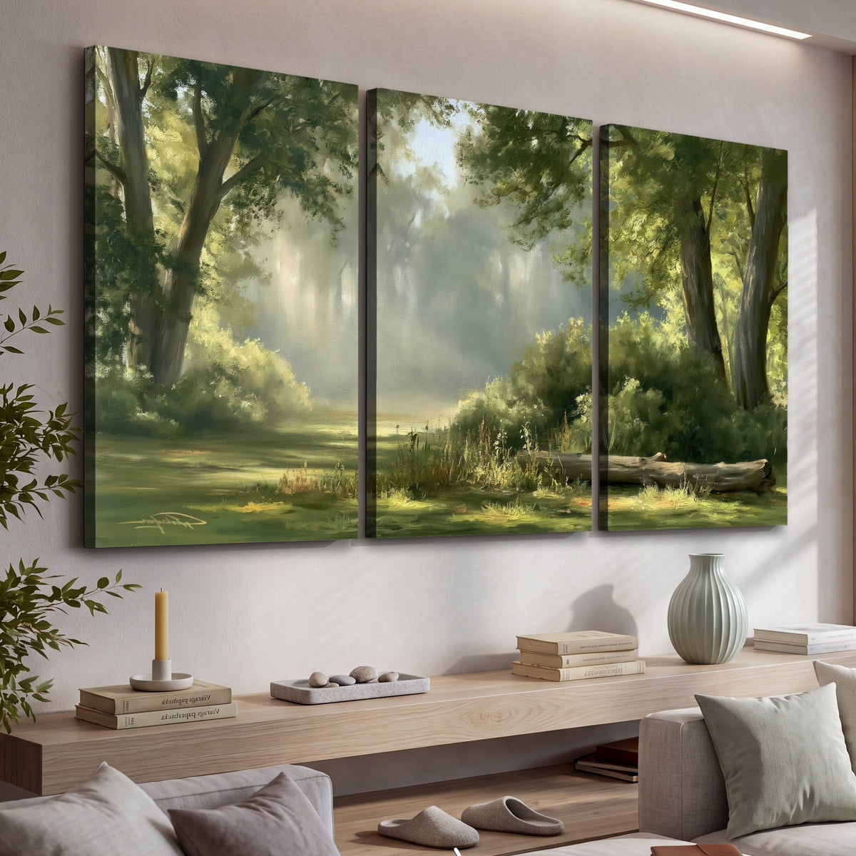 Sunlit forest glade painting 3 piece canvas wall art in a living room above a console