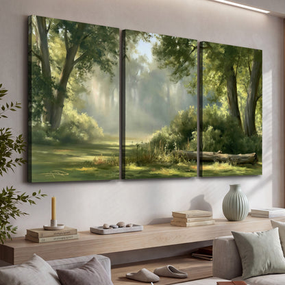 Sunlit forest glade painting 3 piece canvas wall art in a living room above a console