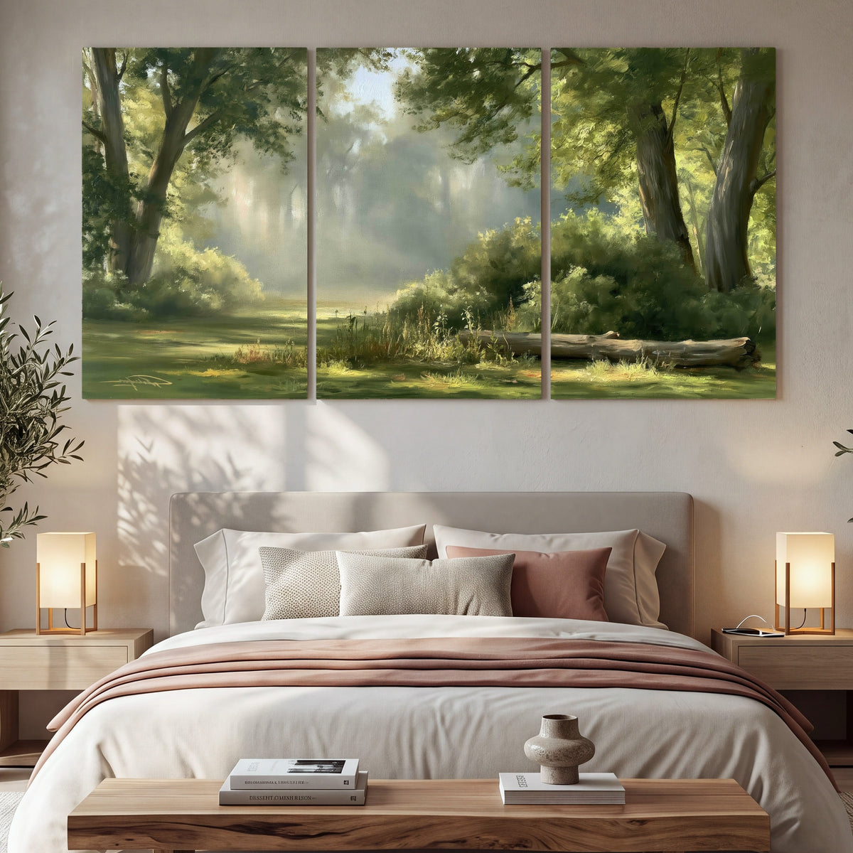 Sunlit forest glade painting 3 piece canvas wall art in a bedroom above the bed