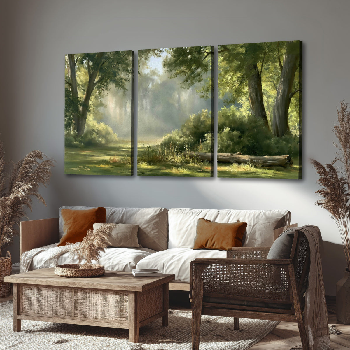Sunlit forest glade painting 3 piece canvas wall art in a rustic living room