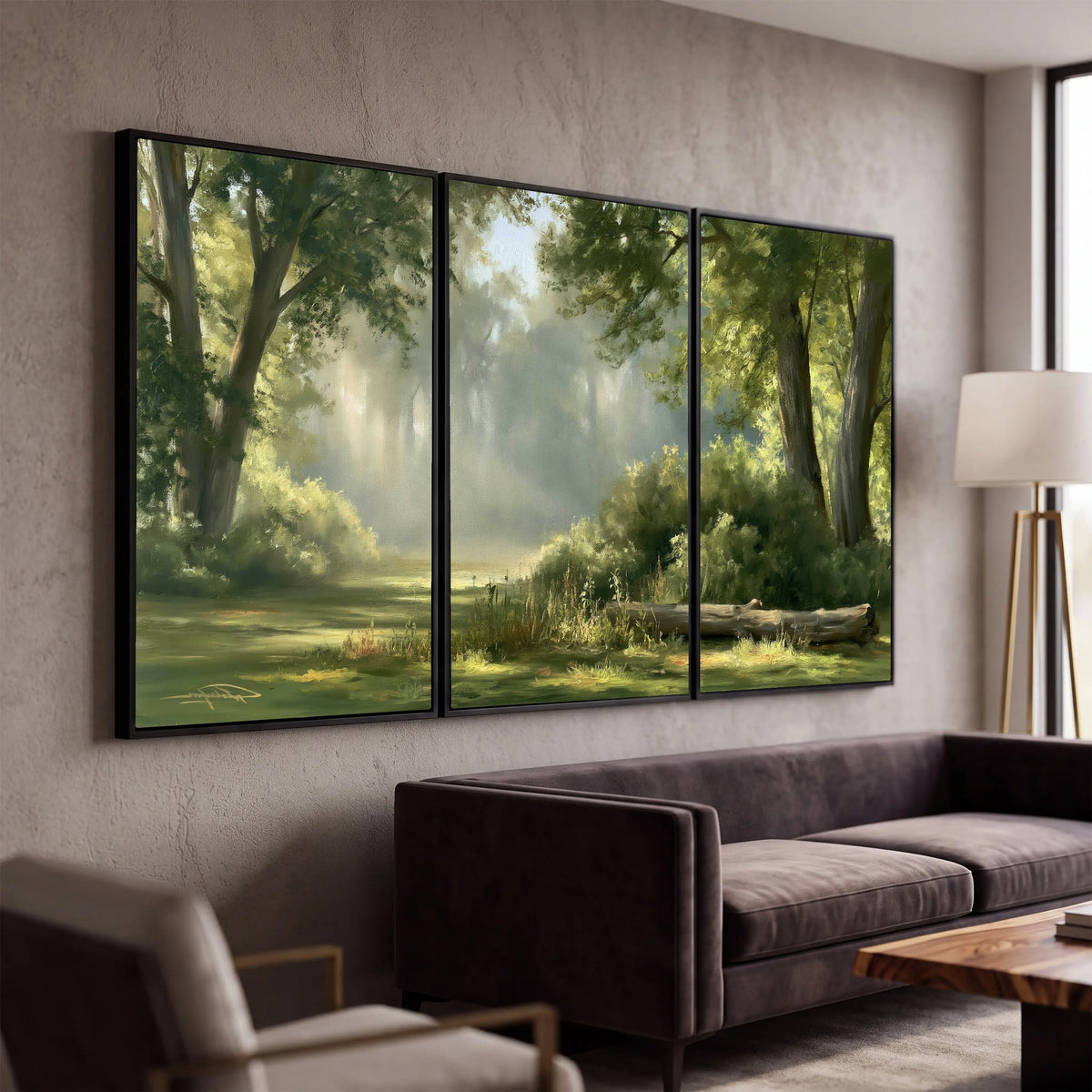 Sunlit forest glade painting 3 piece canvas wall art in a modern living room