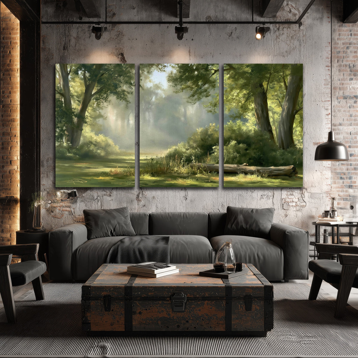 Sunlit forest glade painting 3 piece canvas wall art in an industrial loft