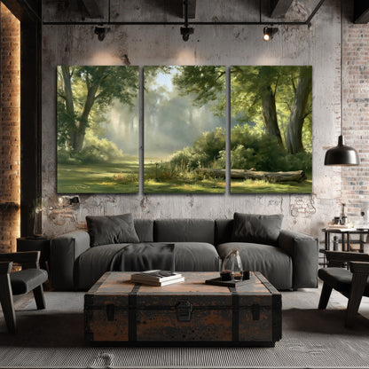 Sunlit forest glade painting 3 piece canvas wall art in an industrial loft