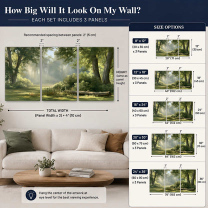 Sunlit forest glade painting 3 piece canvas wall art size guide above a sofa