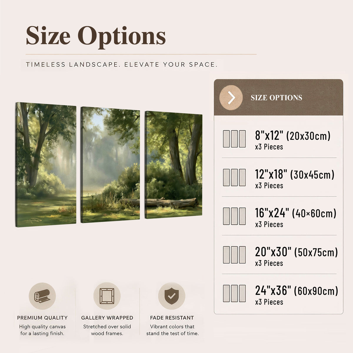 Sunlit forest glade painting 3 piece canvas wall art size options