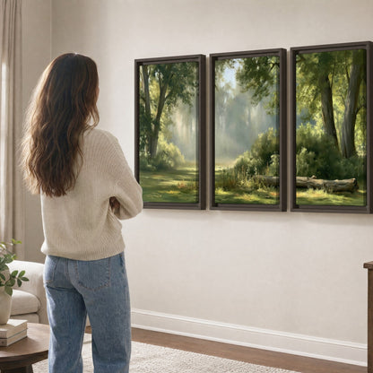 Sunlit forest glade painting 3 piece framed canvas in a living room