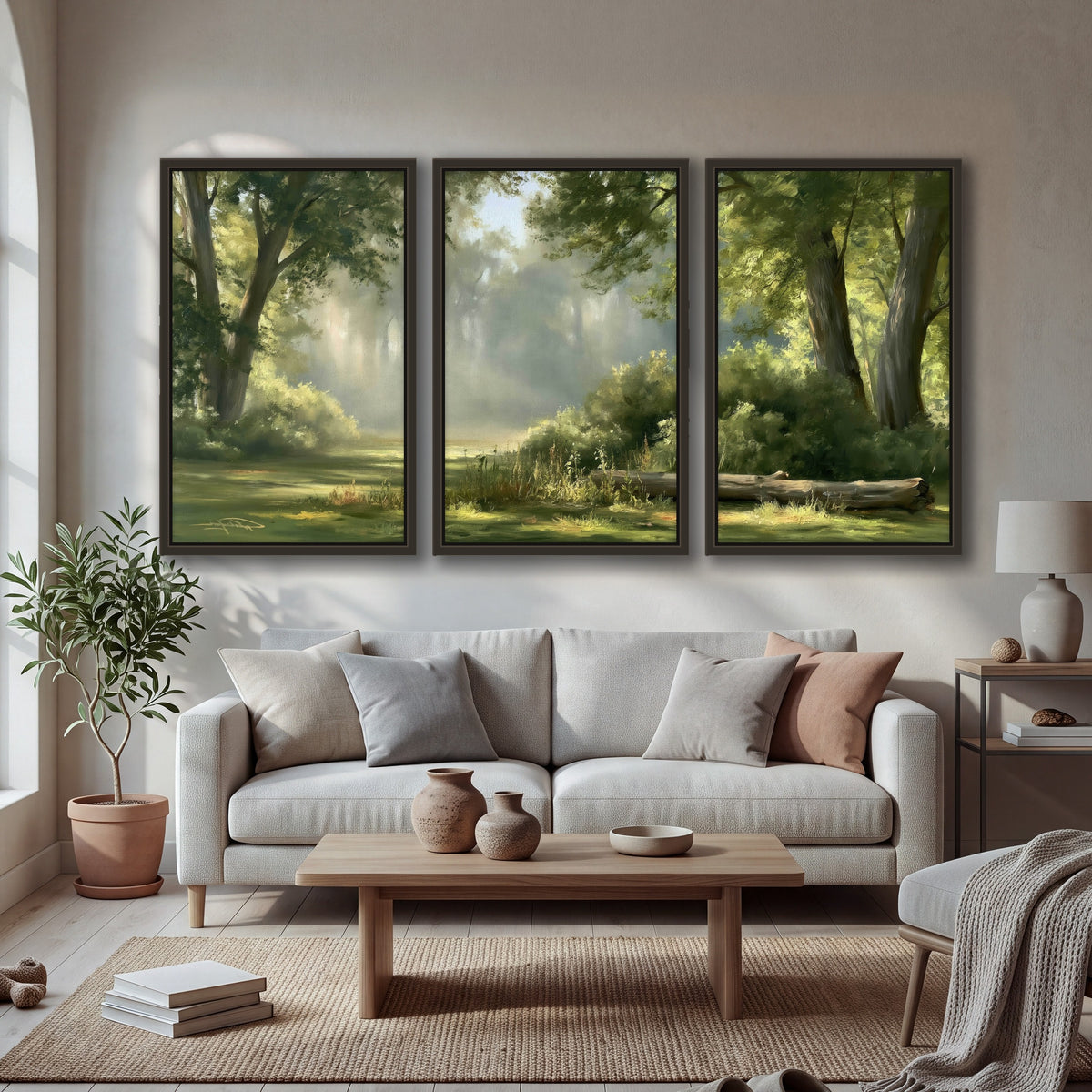 Sunlit forest glade painting 3 piece framed canvas in a bright living room