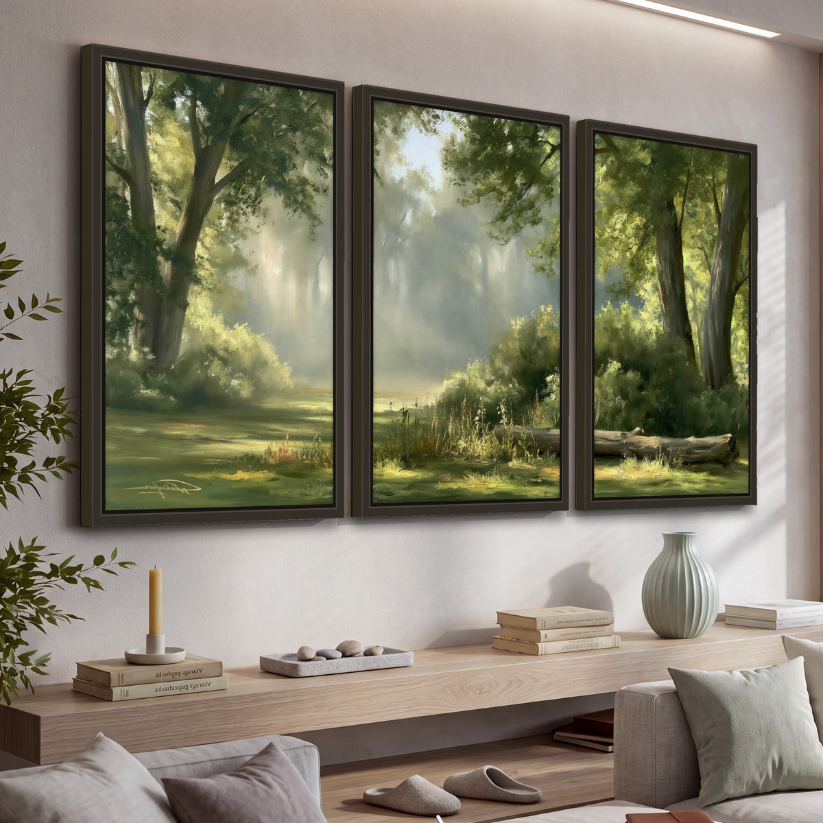 Sunlit forest glade painting 3 piece framed canvas in a living room above a console