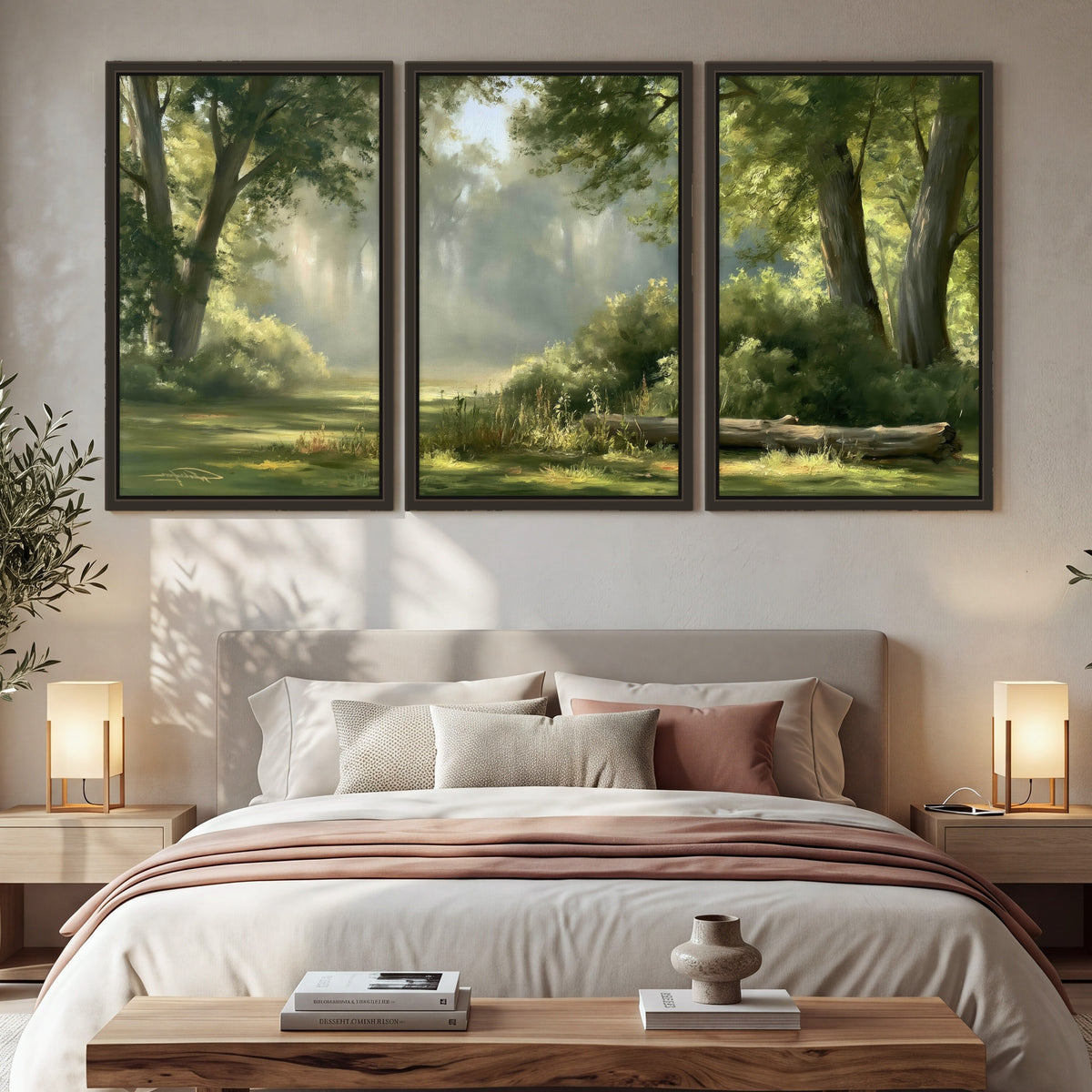 Sunlit forest glade painting 3 piece framed canvas in a bedroom above the bed