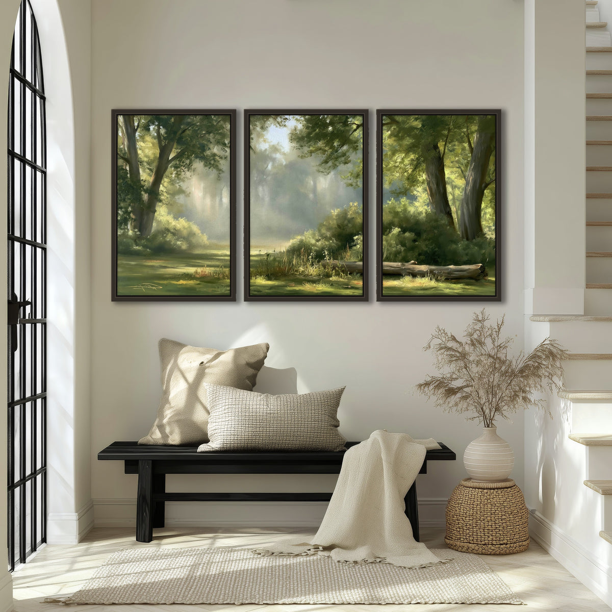 Sunlit forest glade painting 3 piece framed canvas in an entryway above a bench