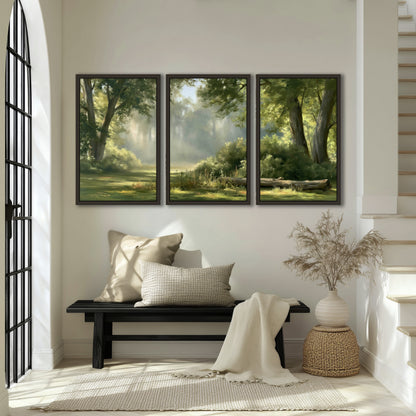 Sunlit forest glade painting 3 piece framed canvas in an entryway above a bench