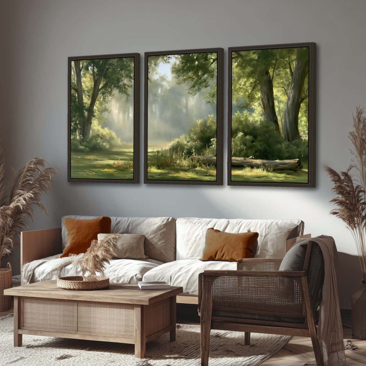 Sunlit forest glade painting 3 piece framed canvas in a rustic living room