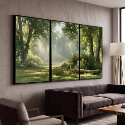 Sunlit forest glade painting 3 piece framed canvas in a modern living room