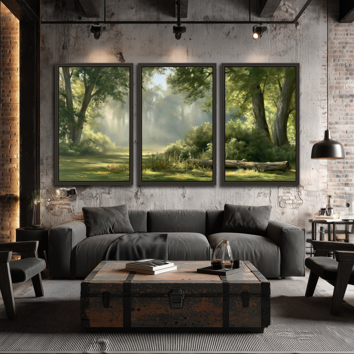 Sunlit forest glade painting 3 piece framed canvas in an industrial loft