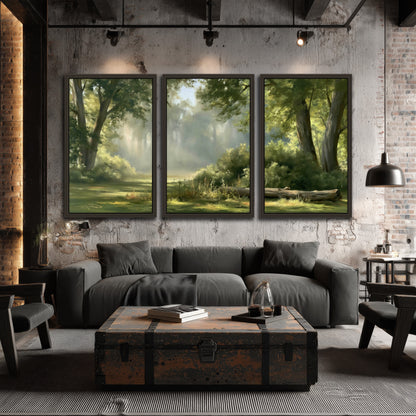 Sunlit forest glade painting 3 piece framed canvas in an industrial loft