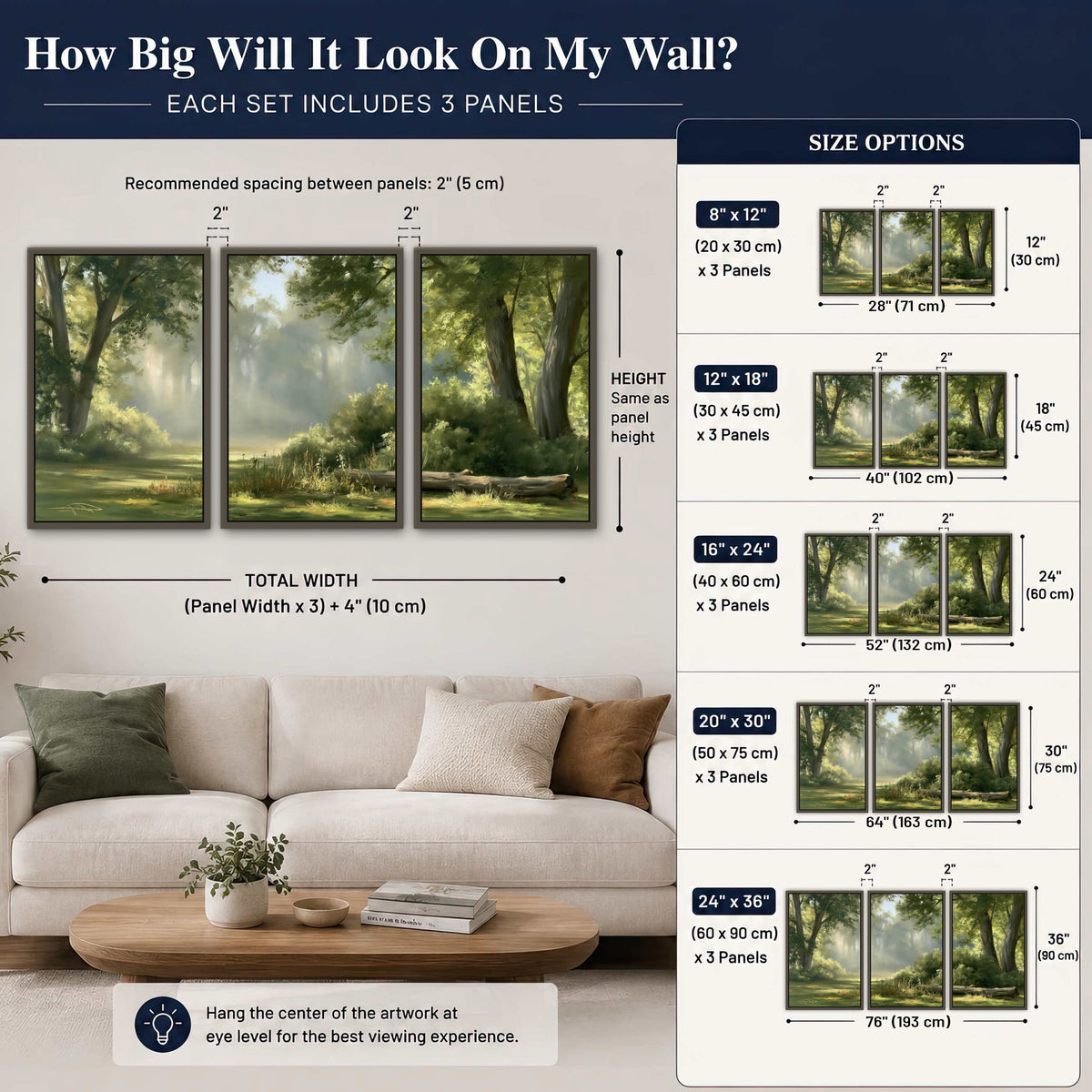 Sunlit forest glade painting 3 piece framed canvas size guide above a sofa