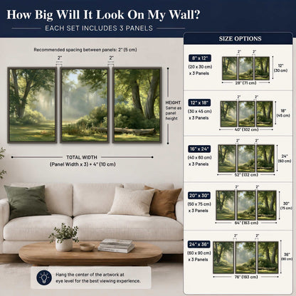 Sunlit forest glade painting 3 piece framed canvas size guide above a sofa