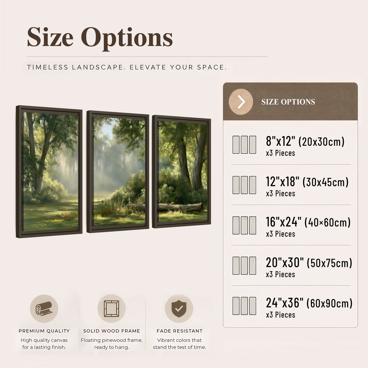 Sunlit forest glade painting 3 piece framed canvas size options