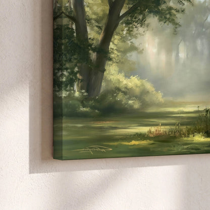 Sunlit forest glade painting canvas print close-up showing the gallery-wrapped edge