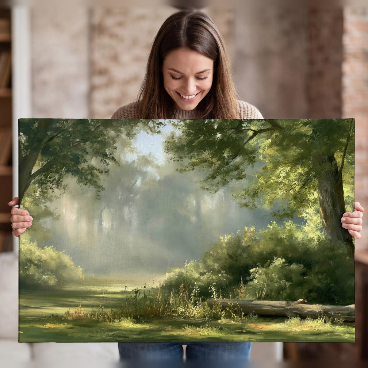 Sunlit forest glade painting canvas wall art held in hands