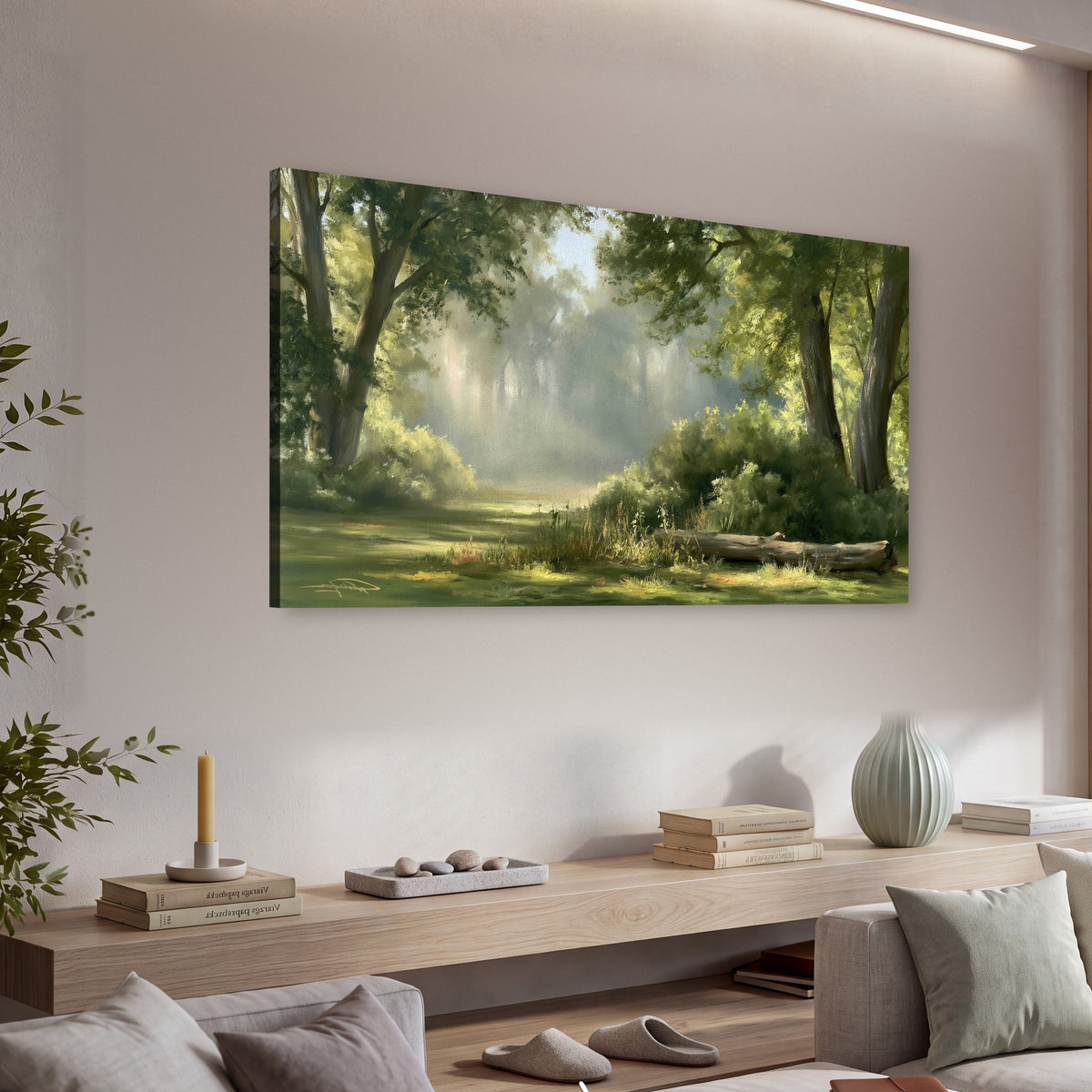 Sunlit forest glade painting canvas wall art in a living room above a console