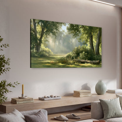 Sunlit forest glade painting canvas wall art in a living room above a console