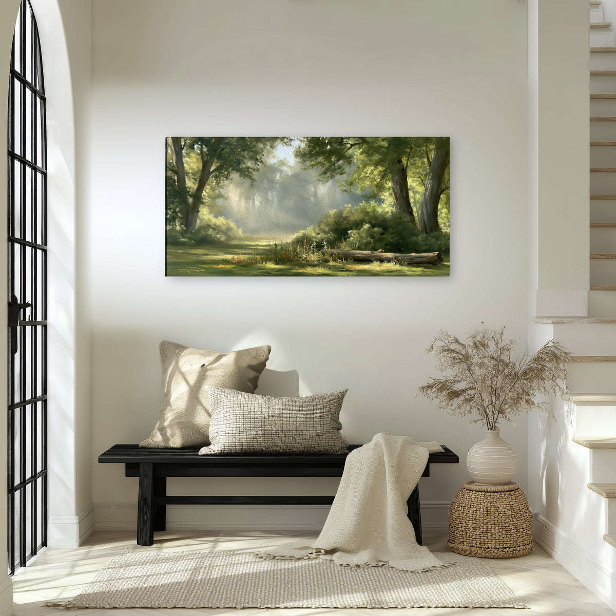 Sunlit forest glade painting canvas wall art in an entryway above a bench