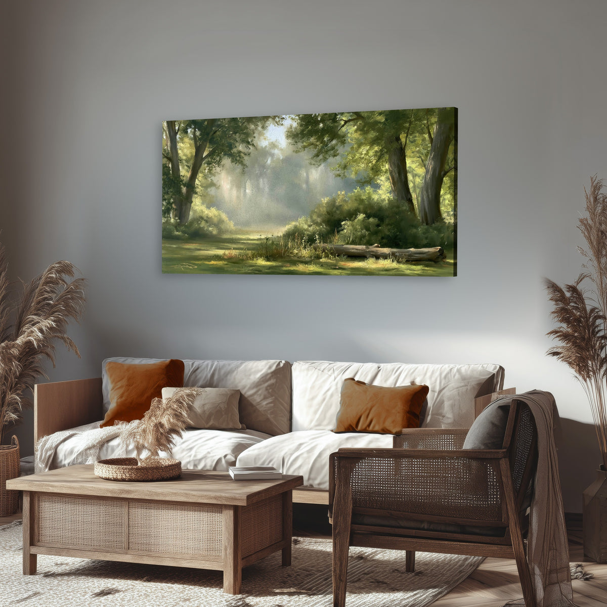 Sunlit forest glade painting canvas wall art in a rustic living room
