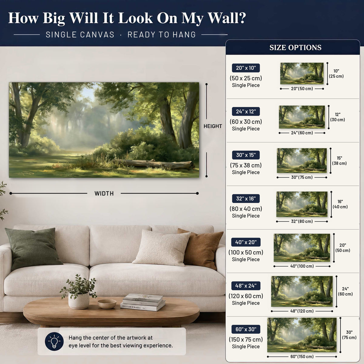 Sunlit forest glade painting canvas wall art size guide above a sofa