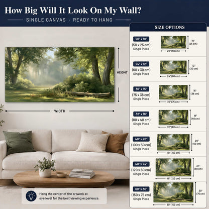 Sunlit forest glade painting canvas wall art size guide above a sofa