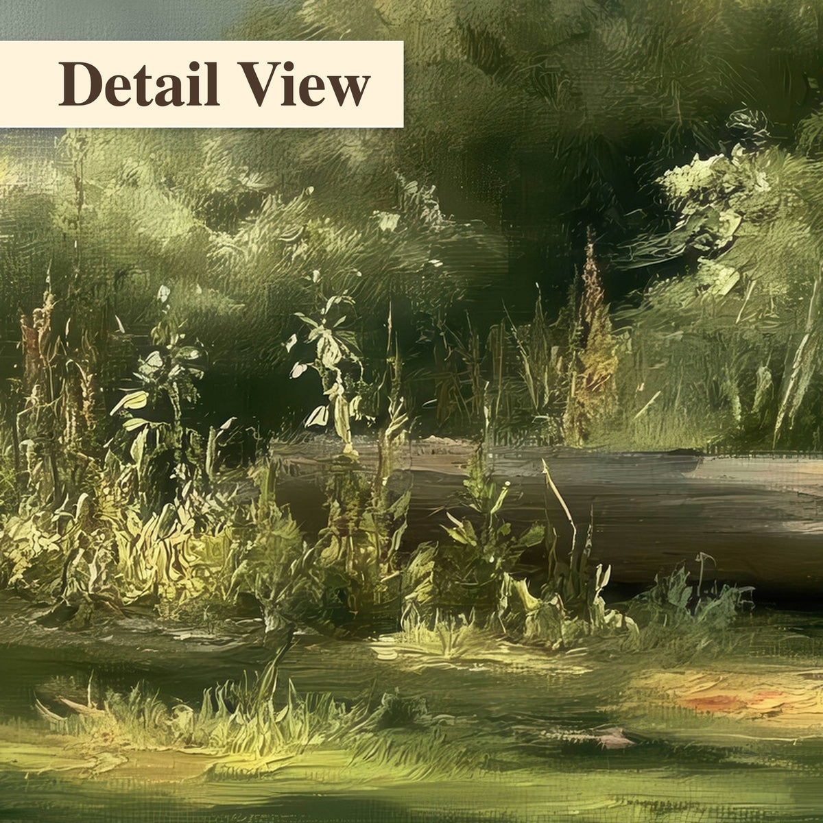 Sunlit forest glade painting detail close-up
