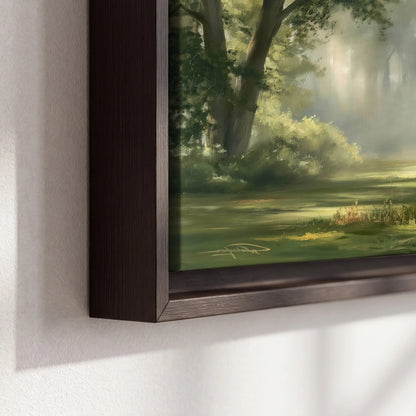 Sunlit forest glade painting framed canvas close-up showing the floating frame