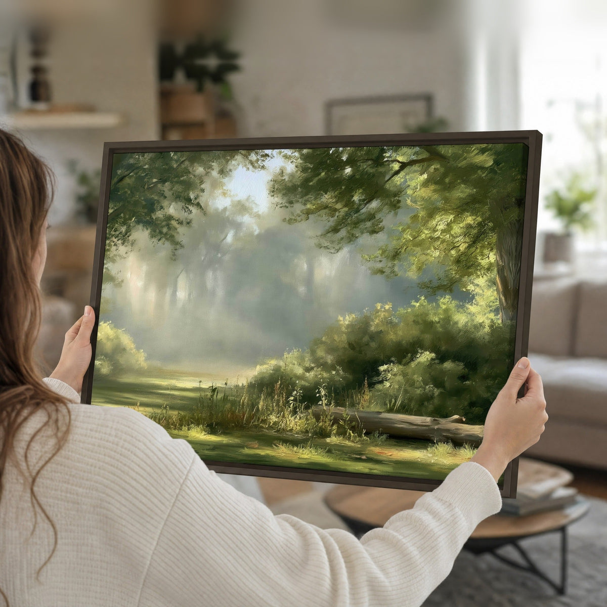 Sunlit forest glade painting framed canvas held in hands