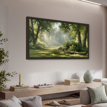 Sunlit forest glade painting framed canvas wall art in a living room above a console