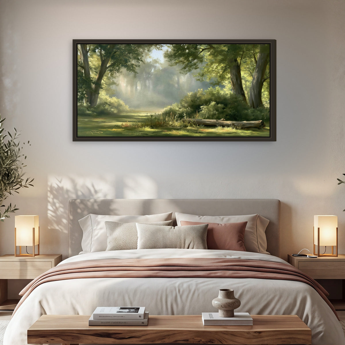 Sunlit forest glade painting framed canvas wall art in a bedroom above the bed