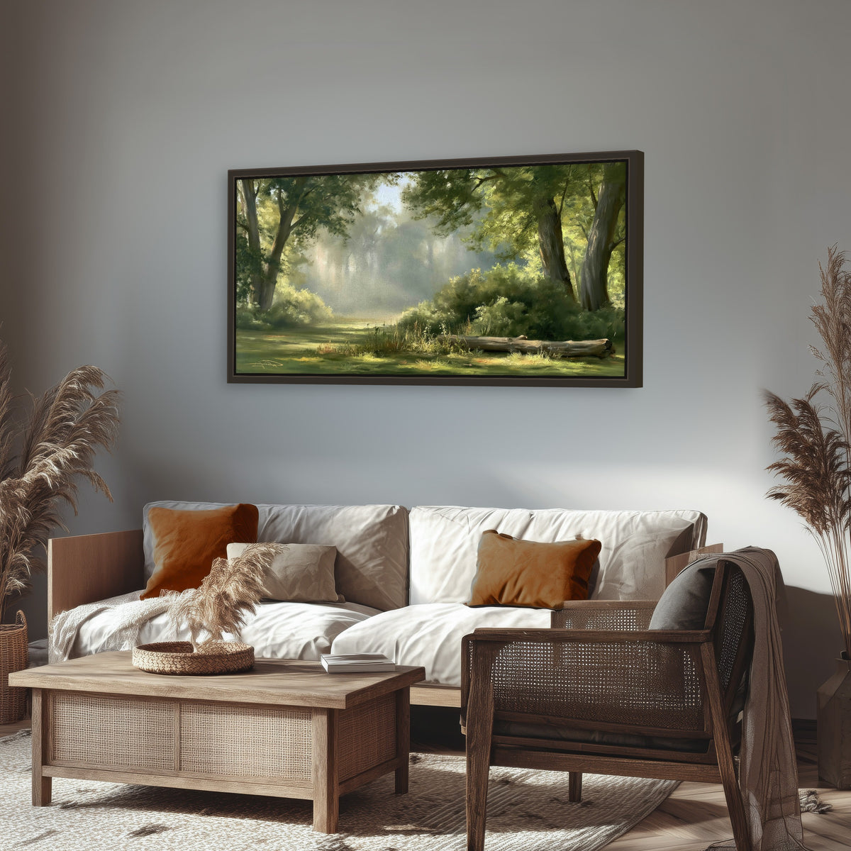 Sunlit forest glade painting framed canvas wall art in a rustic living room
