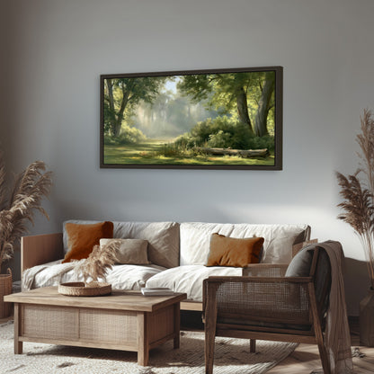 Sunlit forest glade painting framed canvas wall art in a rustic living room