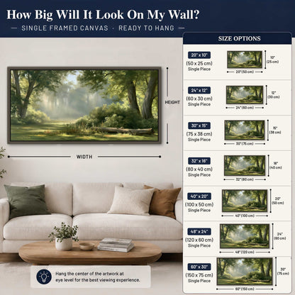 Sunlit forest glade painting framed canvas wall art size guide above a sofa