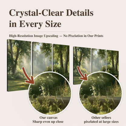 Sunlit forest glade painting high-resolution print quality comparison