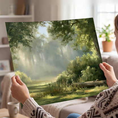 Sunlit forest glade painting poster print held in hands