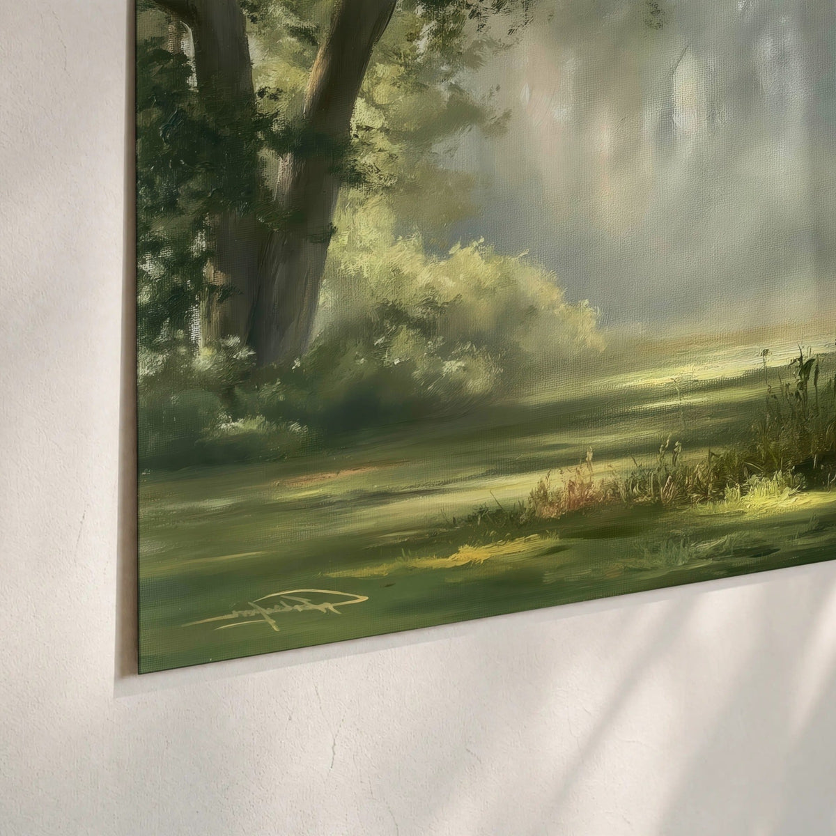 Sunlit forest glade painting poster print close-up on matte paper