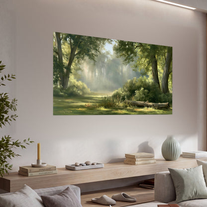 Sunlit forest glade painting poster print in a living room above a console