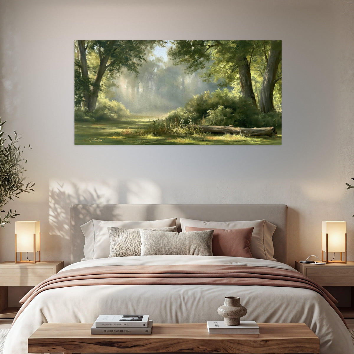 Sunlit forest glade painting poster print in a bedroom above the bed