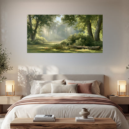 Sunlit forest glade painting poster print in a bedroom above the bed