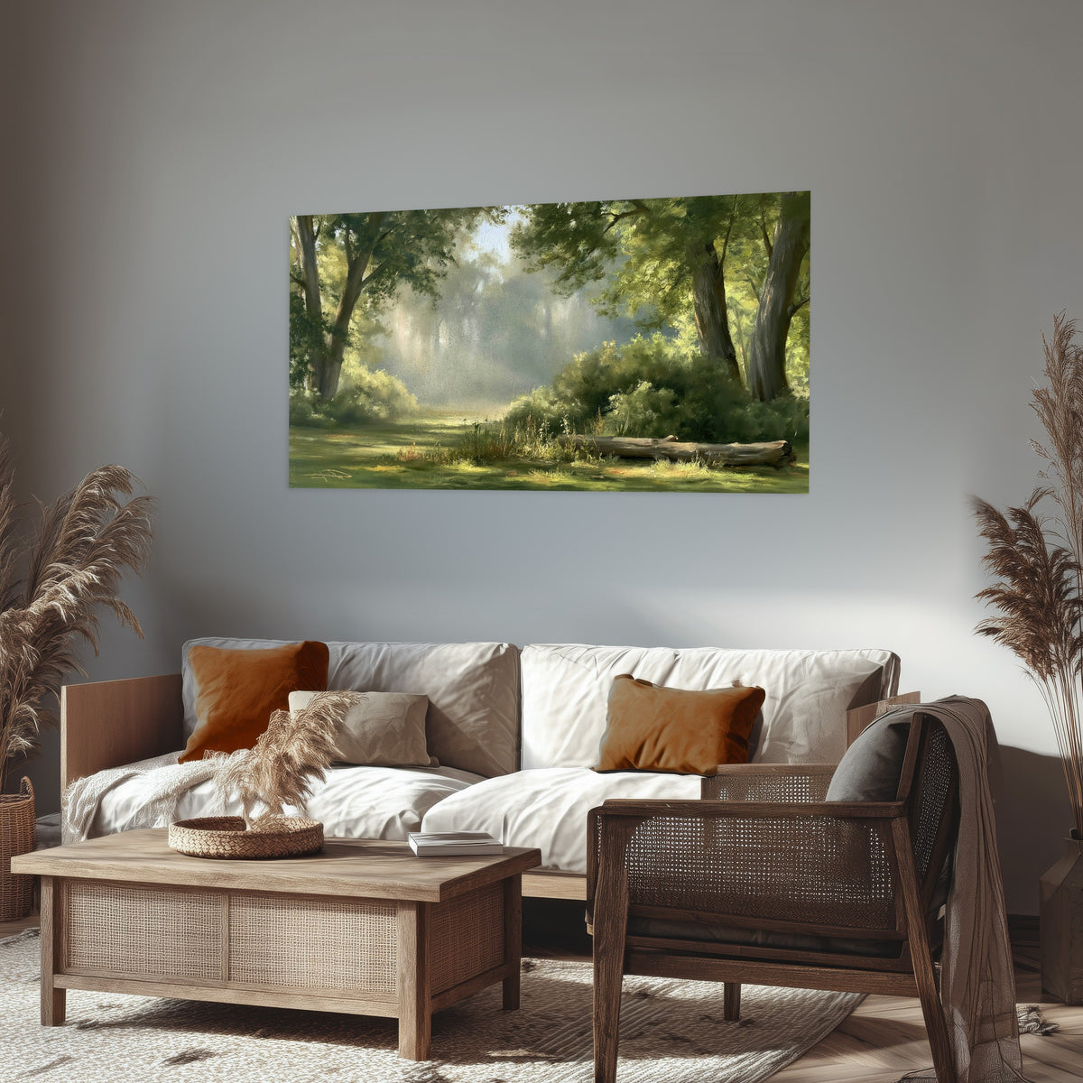 Sunlit forest glade painting poster print in a rustic living room