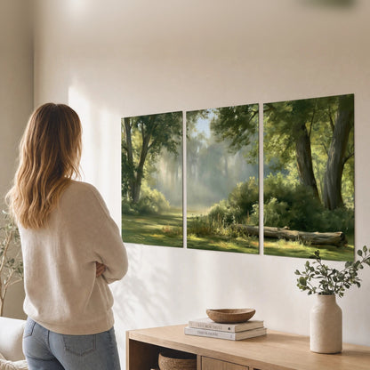 Sunlit forest glade painting set of 3 poster prints in a living room