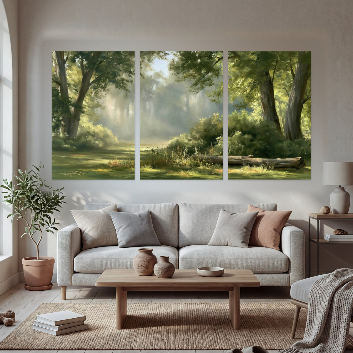 Sunlit forest glade painting set of 3 poster prints in a bright living room