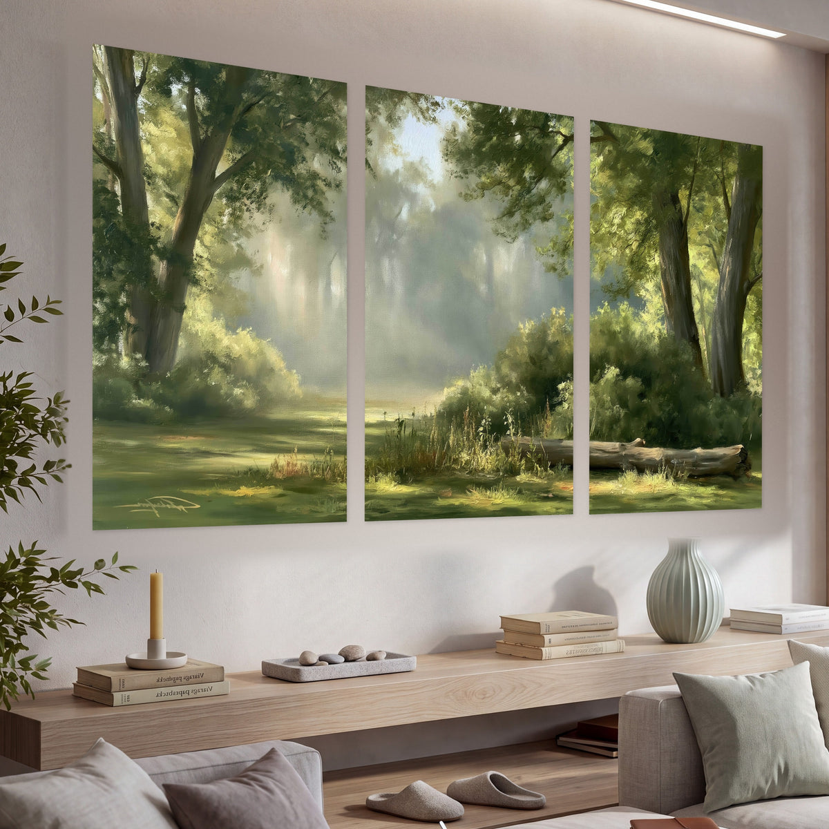Sunlit forest glade painting set of 3 poster prints in a living room above a console