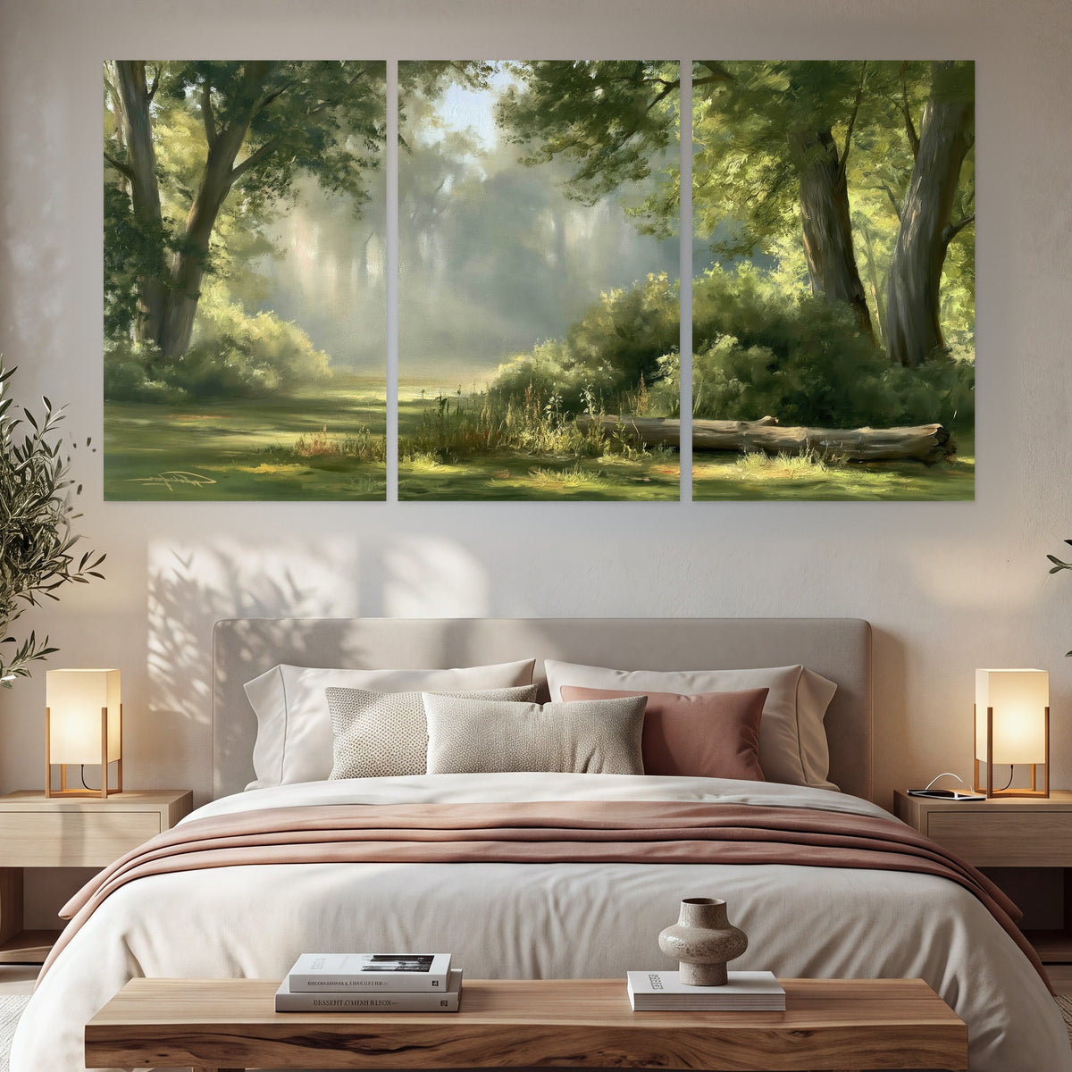 Sunlit forest glade painting set of 3 poster prints in a bedroom above the bed